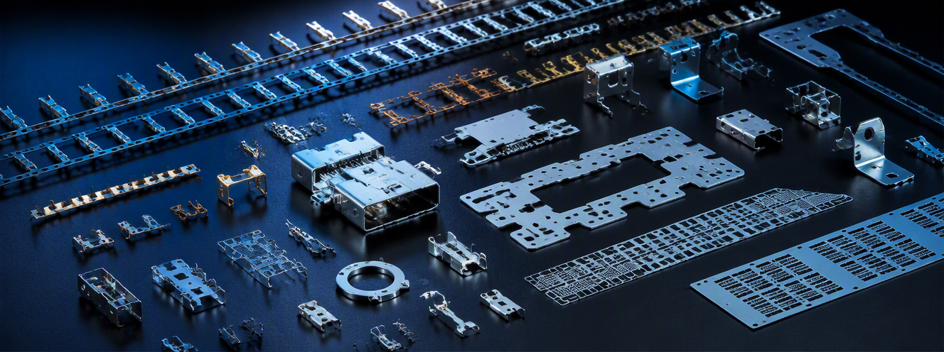 Fine blanked electronic connector terminals and precision contacts on dark industrial background