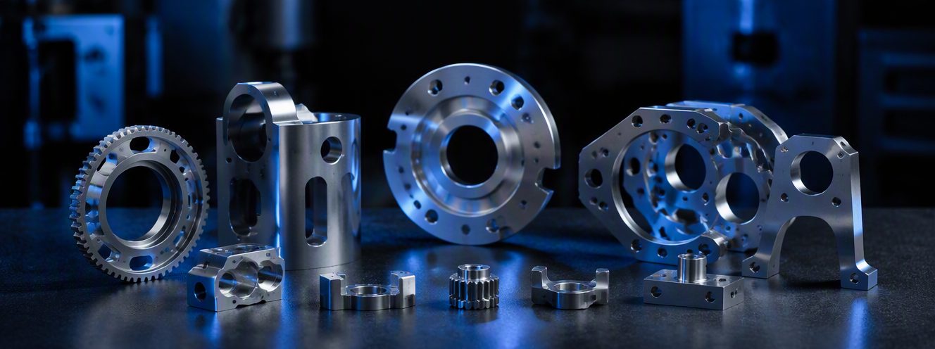 Fine blanked industrial clutch plates sprockets and structural brackets on dark industrial background