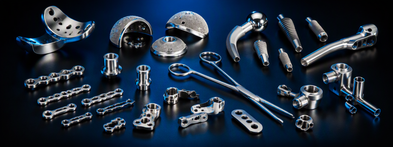Fine blanked surgical instrument components and medical device precision plates on dark background