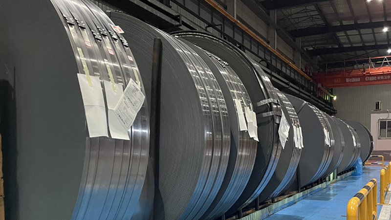 Fine blanking material samples showing various steel grades including carbon steel, alloy steel, HSLA, and stainless steel sheet stock
